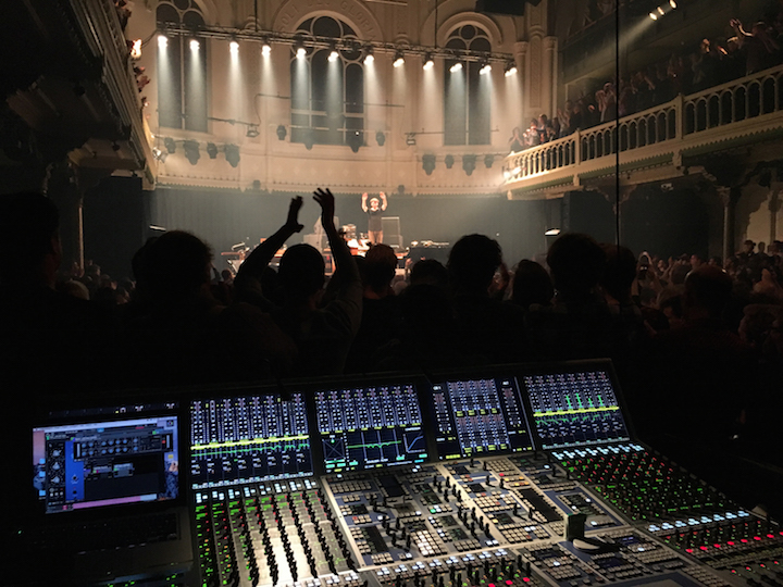 ils Frahm on stage at the concert hall Paradiso in Amsterdam, in front the FOH mixing console AURUS platinum (photo: Terence Goodchild