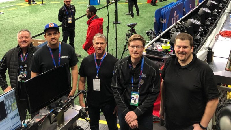 Super Bowl LIII wireless team (left to right): Brett Valasek ATK GM, Kasey Gchachu PWS RF Tech, Jim Van Winkle PWS GM, Cameron Stuckey PWS RF Tech, Gary Trenda PWS Lead RF Tech