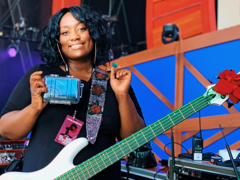 Janelle Monae bassist Téja at sound check with her Sensaphonics 3MAX custom in-ear monitors with soft silicone earpieces.