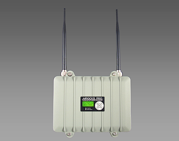 The AiRocks Pro repeater system is designed to transmit wireless audio to powered pro audio loudspeakers.