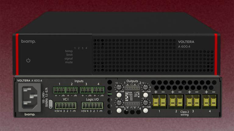 The new Biamp Voltera A600-4 600W 4-channel amplifiers, with front and back panels shown here 