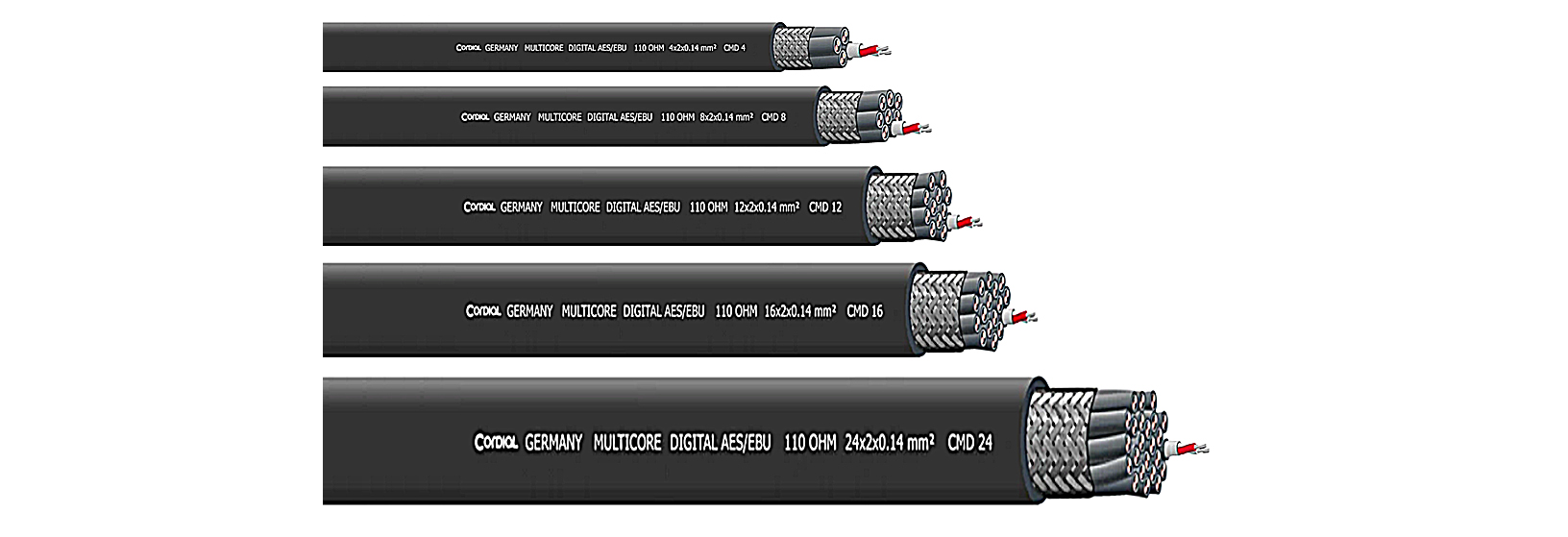 Cordial’s CMD 4, CMD8, CMD 12, CMD 16 and CMD 24 DMX-AES/EBU multicore cables.
