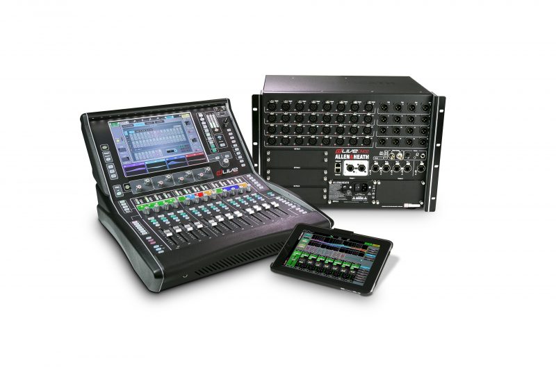 A dLive Wings system, comprising dLive C1500 surface, DM32 MixRack and tablet control