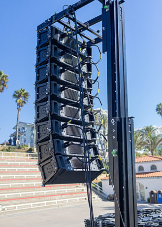 Stage right main P.A. hang of eight VIO line array cabinets