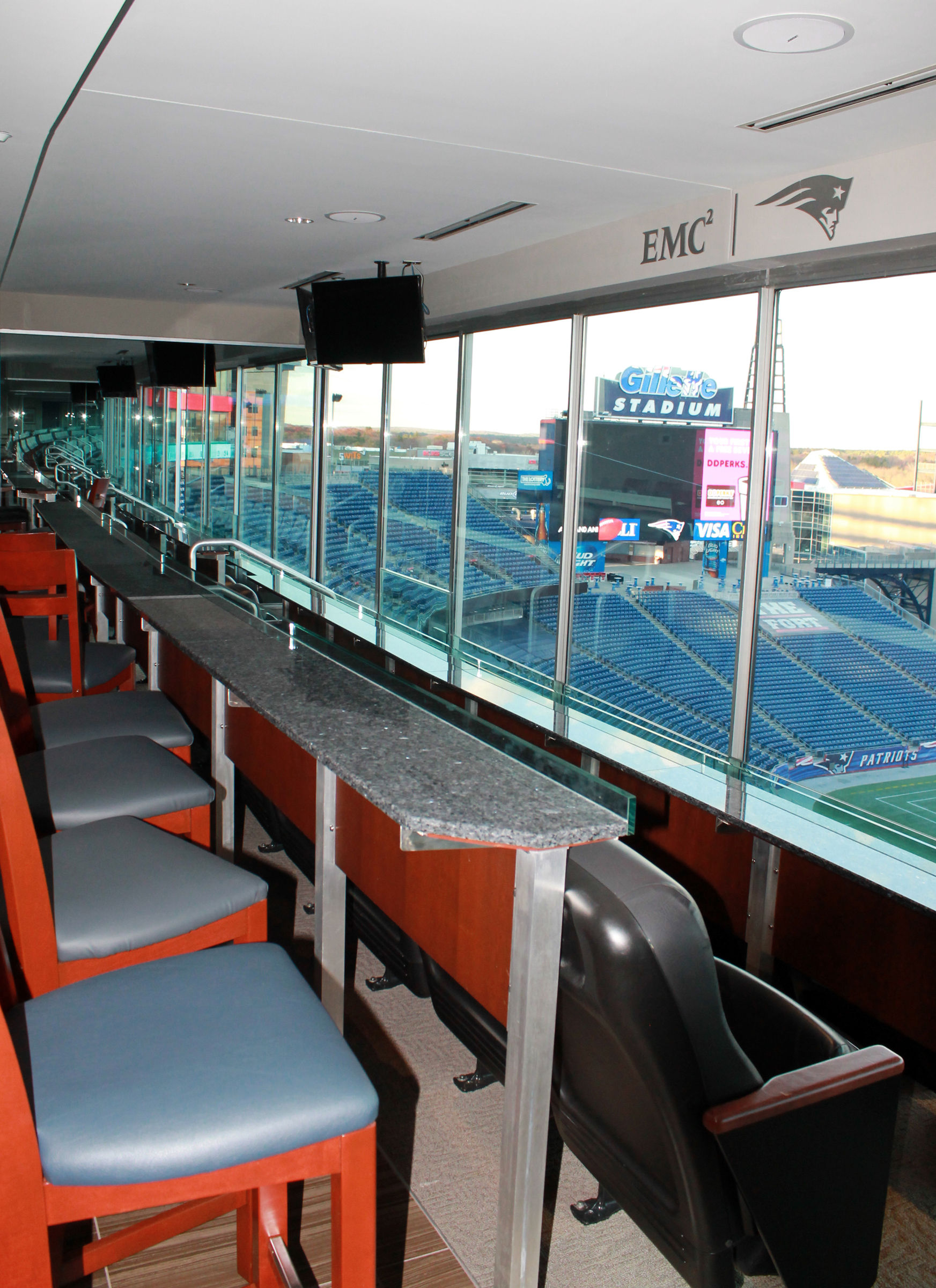 A renovated suite at Gillette Stadium, featuring FreeSpace® DS 100F Loudspeakers from Bose® Professional. Photo © 2015.