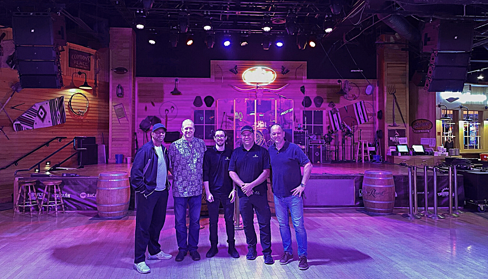 From left, Rick Camp, owner of RC1 Productions; Steve Gorski, president of SG Western; Daniele Bellezza, TI audio engineer; Cliff Lum, TI sound/video/media supervisor; and Rusty Waite, K-array USA President