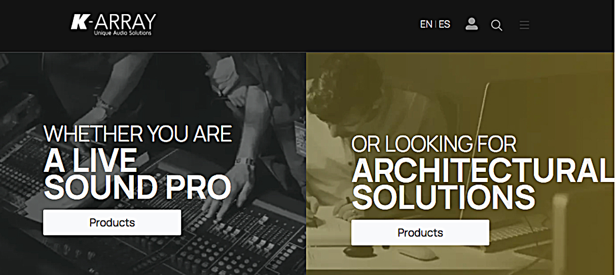 The new web design features separate portals to live sound and architectural applications