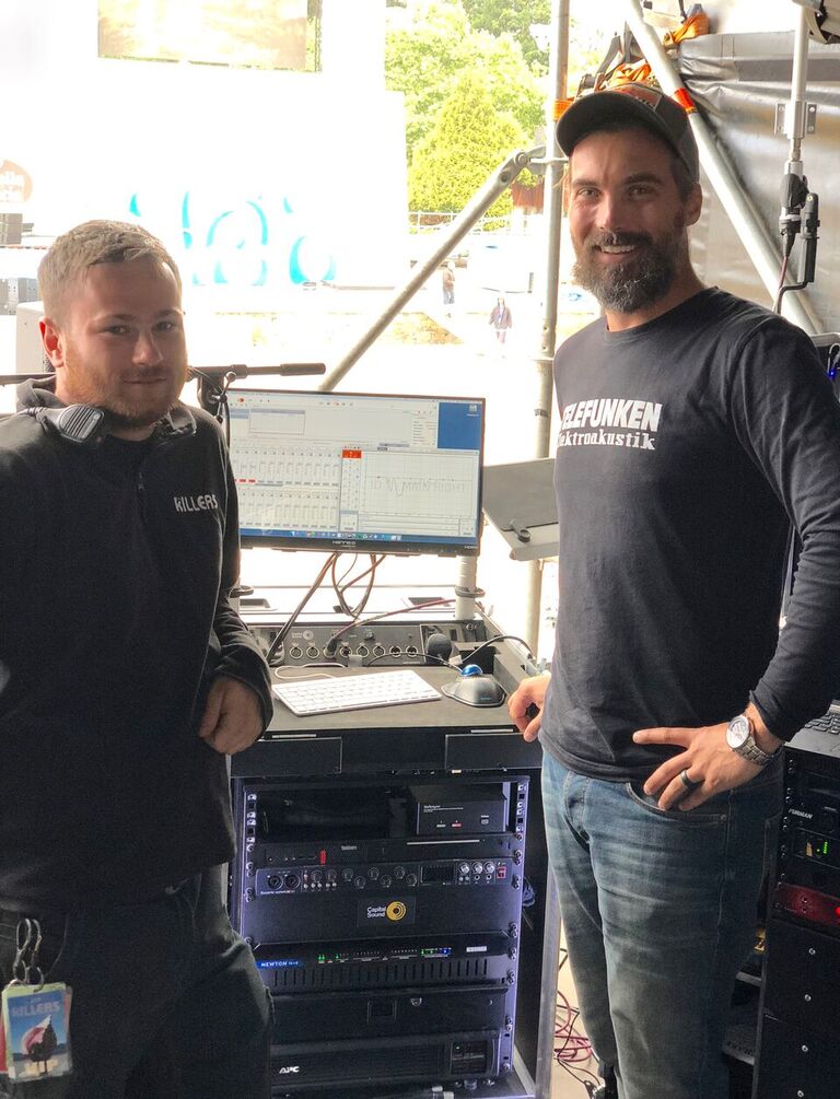 L to R: Daniel Fathers and Kenny Kaiser, respectively system and FOH engineers for 'The Killers'