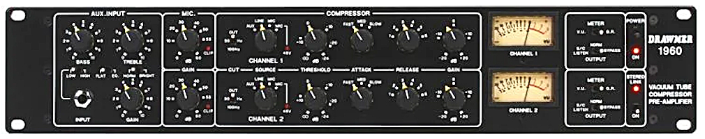 Drawmer's original two-channel 1960 Mic Preamp / Vacuum Tube Compressor / D.I. box debuted in 1984 and is still going strong today