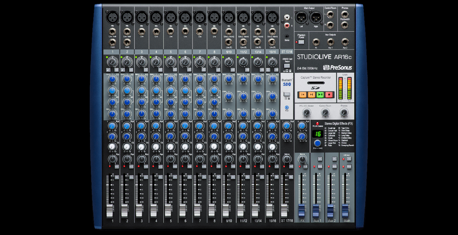 StudioLive AR16c (shown) delivers 12 mic preamps and 16 balanced line inputs for 18x4 recording/playback