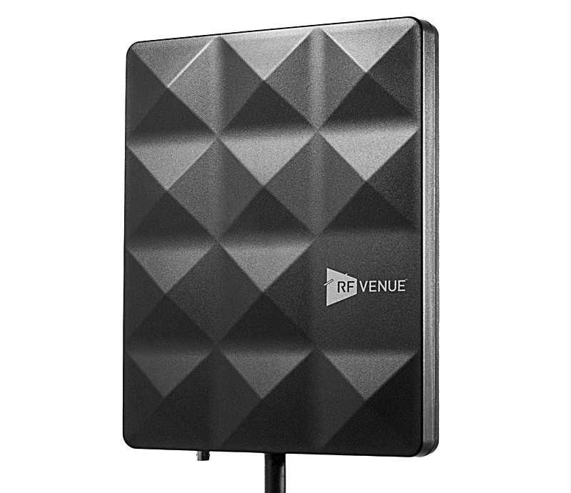 RF Venue’s new compact, ruggedized and portable, circularly-polarized CP Stage antenna for wireless in-ear monitor and microphone systems.