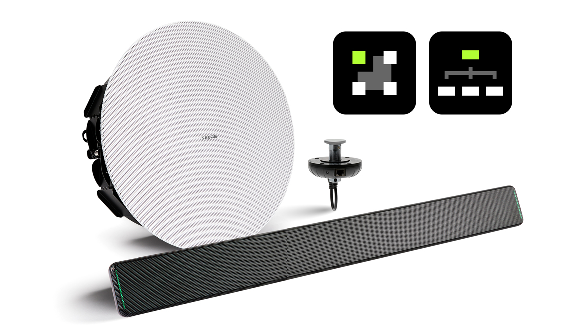 Some of the components include Shure’s MXA710B Microflex Advance directional Array Microphone, IntelliMix Room Processor and Processing software, the MXA-MUTE button and the MXN5-C Networked Ceiling speaker.