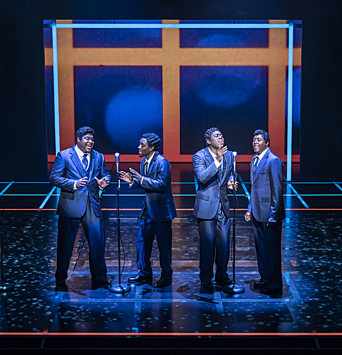 Adam J Bernard, Tarinn Callender, Matt Henry, Tosh Wanogho-Maud in “The Drifters Girl.” Photo: Johan Persson