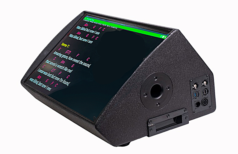 At InfoComm, Upstage Creations unveiled Pro versions of its Lyrics Prompters, which resemble standard wedge stage monitors, but put a high-res, flat-panel 24-, 27- or 32-inch video display at an optimal angle for viewing