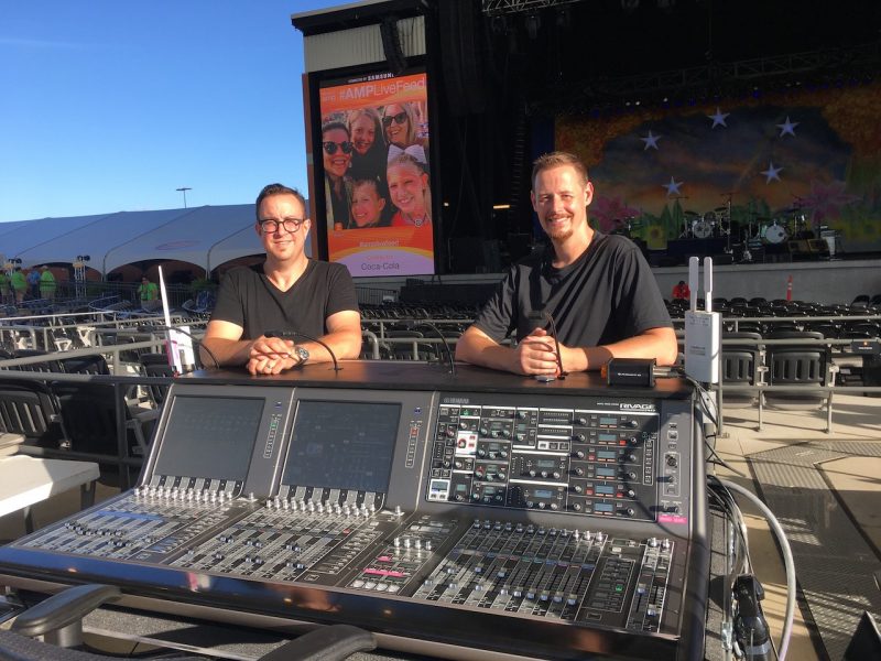 Front of house engineer Brian Bavido and monitor engineer Brad Galvin at Yamaha PM7 front of house.